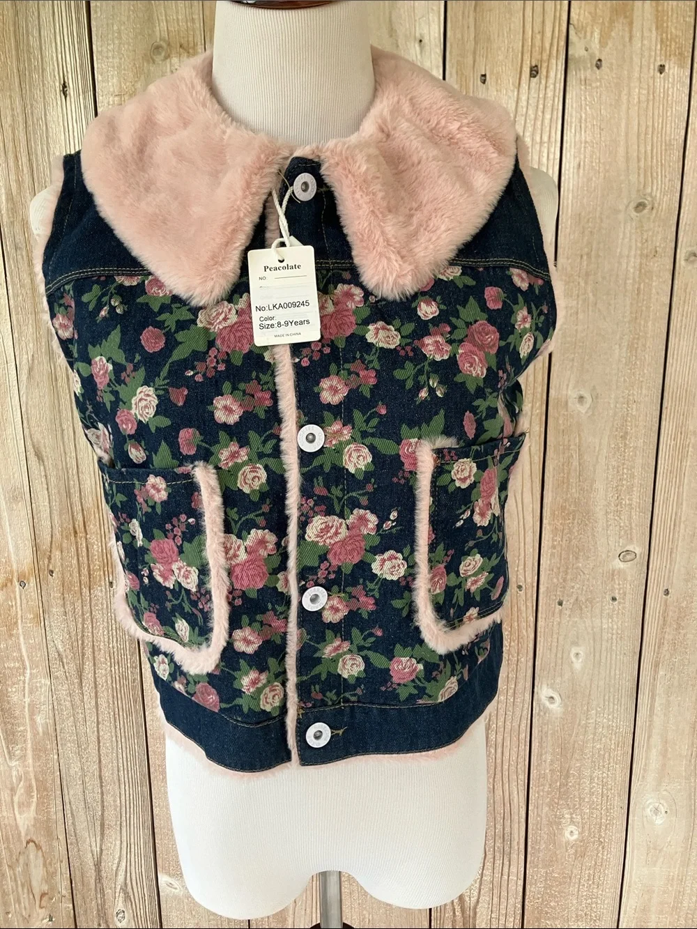 Girls Floral Denim Vest with Pink Faux-Fur Trim